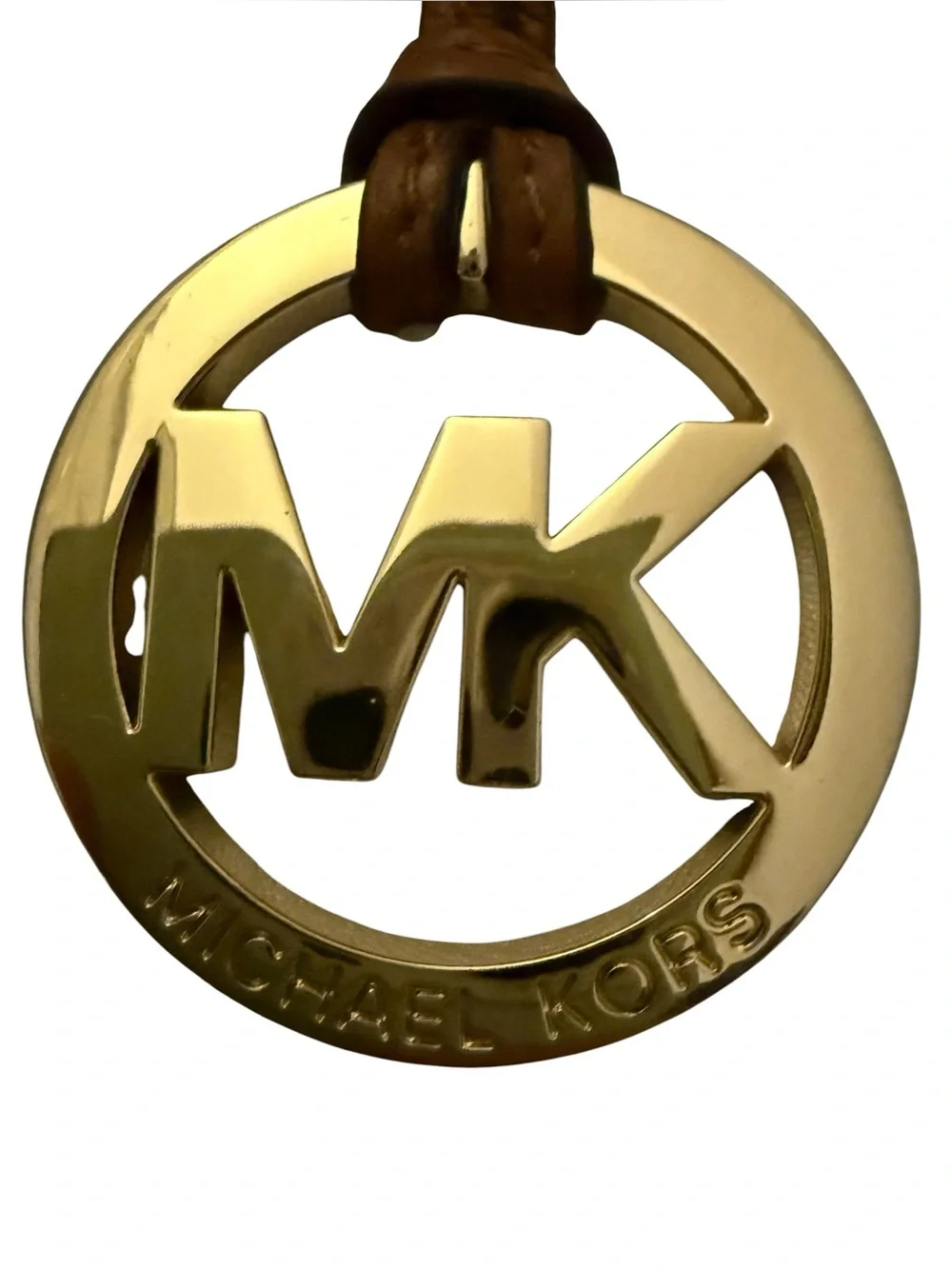 MICHAEL KORS women’s Gold-Tone MK Circle Logo Charm with Brown Strap bag charm